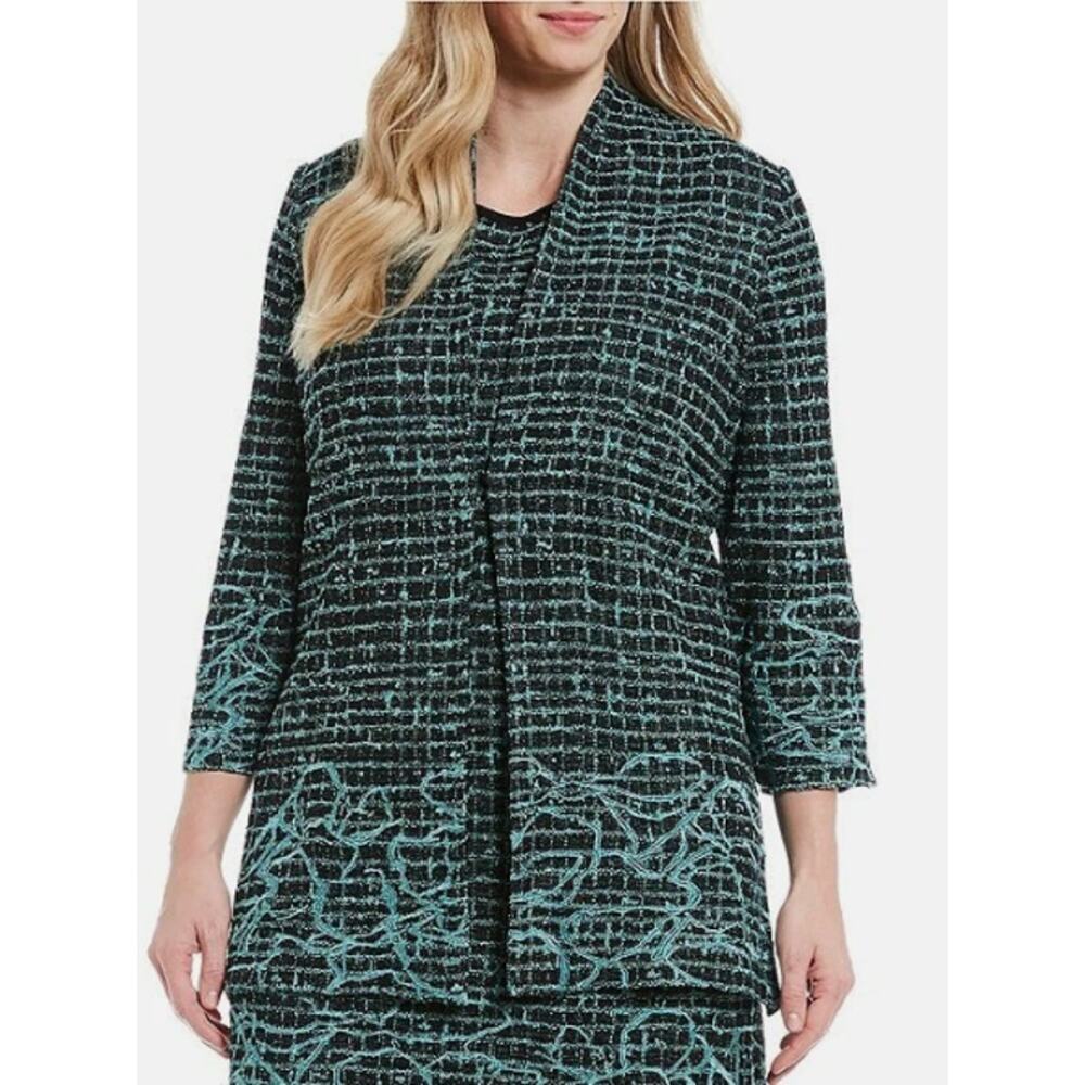 Ming Wang Black and Teal Patterned Tweed Jacket